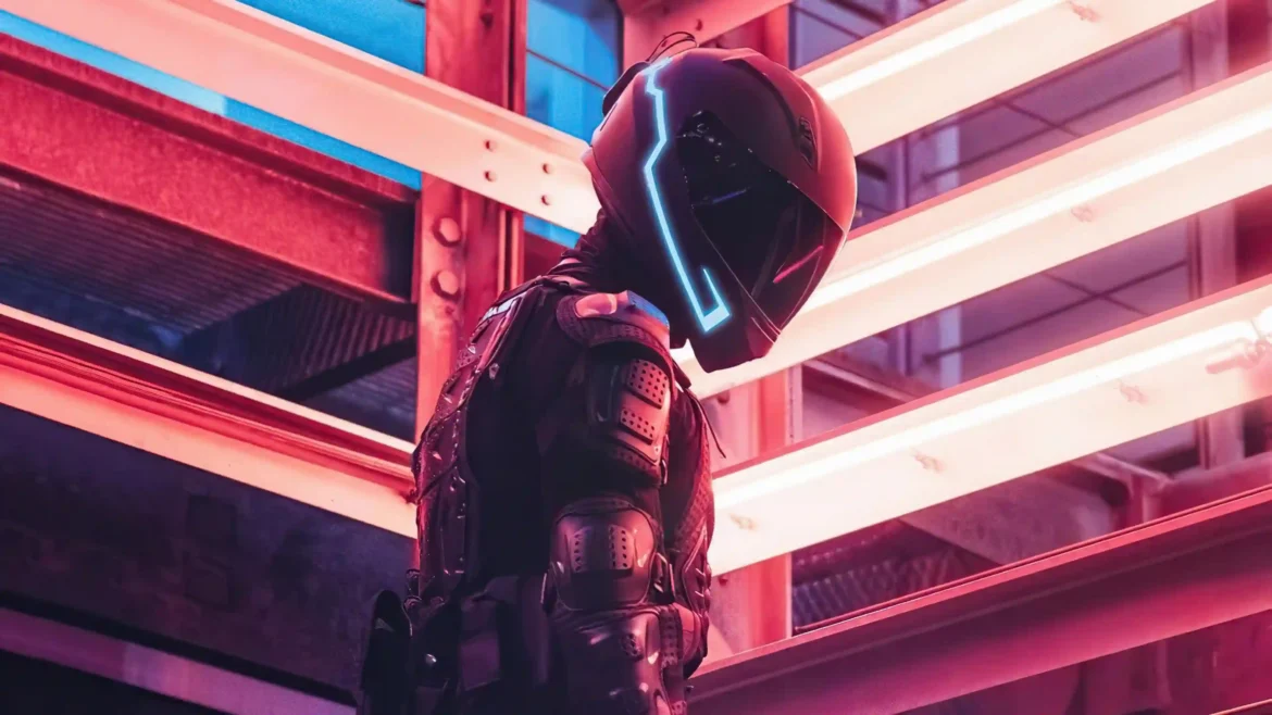 Cinematic sci-fi wallpaper of an operative in tactical armor and a black helmet with a glowing blue neon light strip against a magenta industrial background