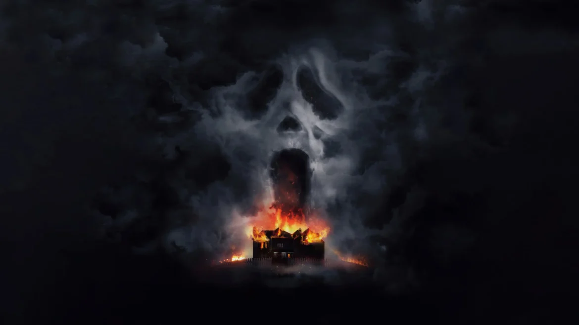 Cinematic horror wallpaper of a giant Ghostface mask formed in dark storm clouds above a suburban house on fire in a 4K resolution image