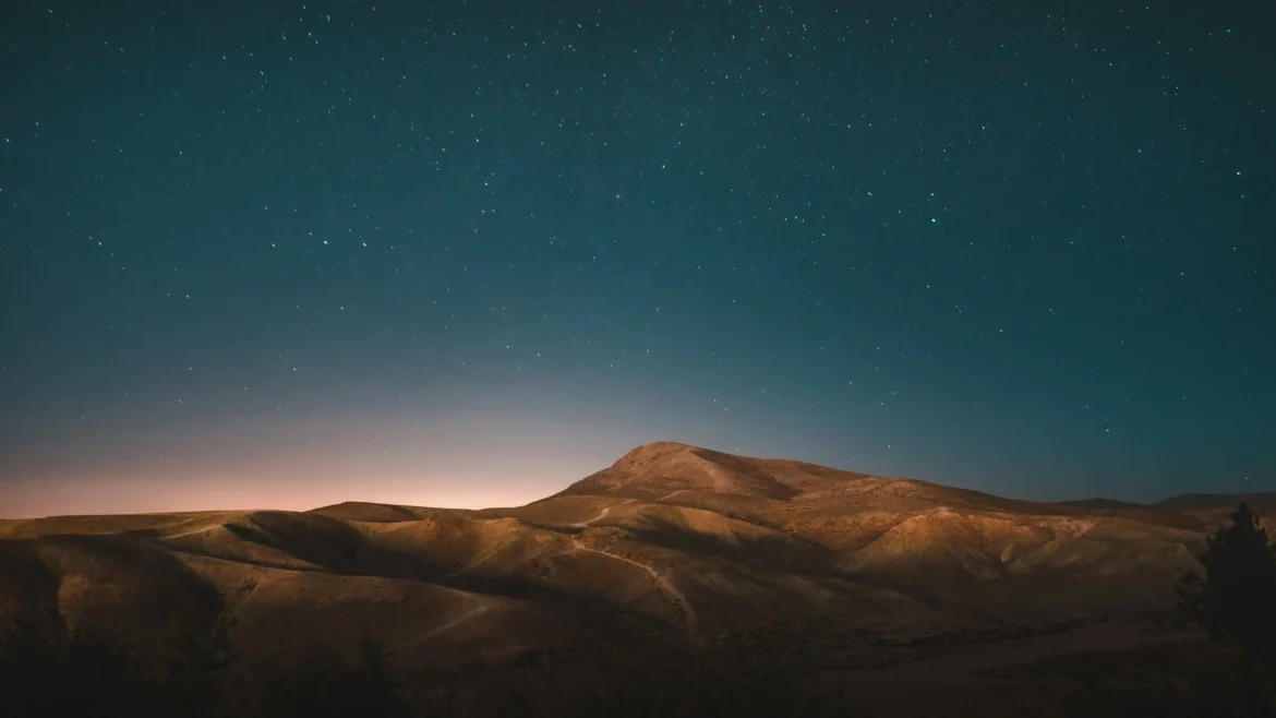 Night landscape photograph of rolling desert hills and a mountain under a vast, star-filled teal night sky with a warm horizon glow in a 4K wallpaper