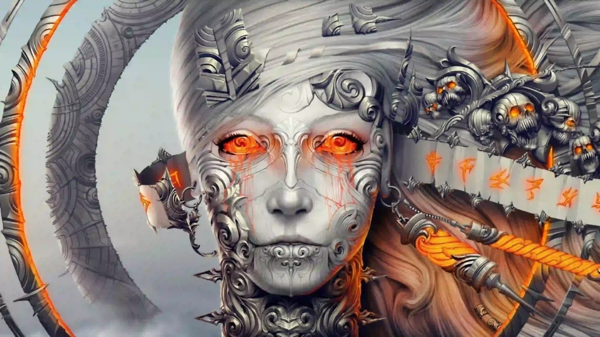 Digital dark fantasy illustration of a silver biomechanical alien woman with glowing orange eyes and glowing rune halo rings in a 4K wallpaper