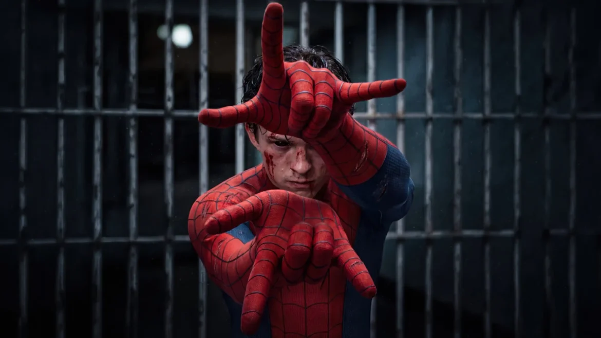 Digital concept art of Tom Holland as Spider-Man behind prison bars flashing web-shooters with battle scars in a 4K wallpaper